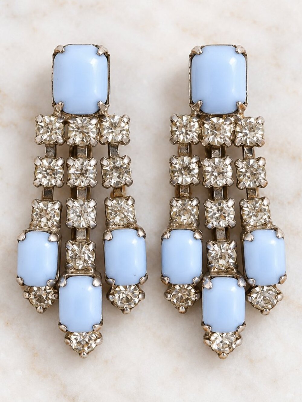 Vintage Blue Cabochon Rhinestone Screwback Dangle Earrings Silver Tone 50's